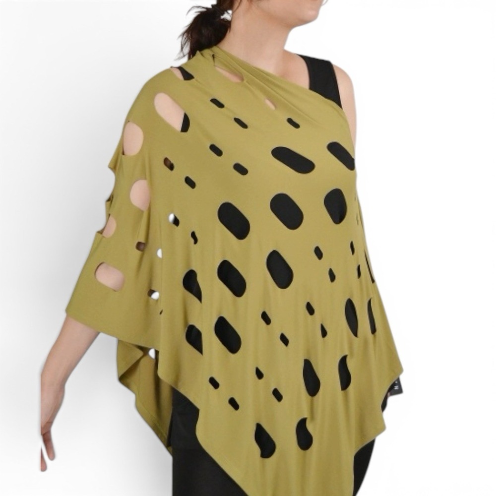 Kozan Daphne Topper Green Eyelet Shawl Cape Poncho Blouse Top Sz S/M Boho Artsy